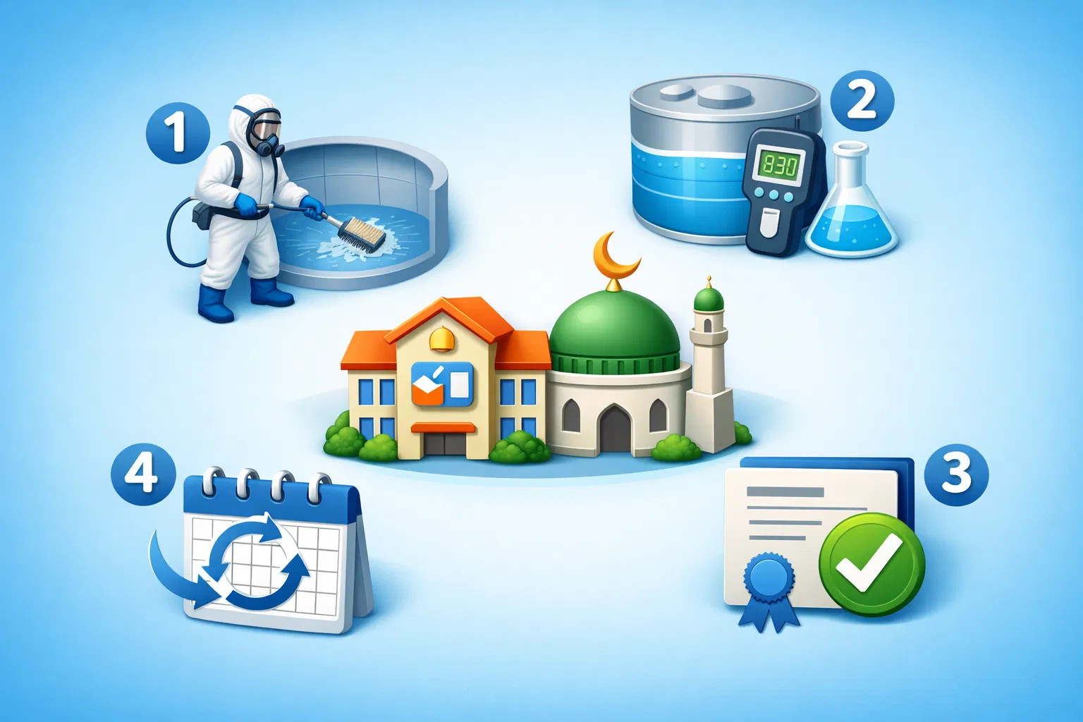 تنظيف خزانات المدارس/المساجد: اشتراطات وتعقيم احترافي