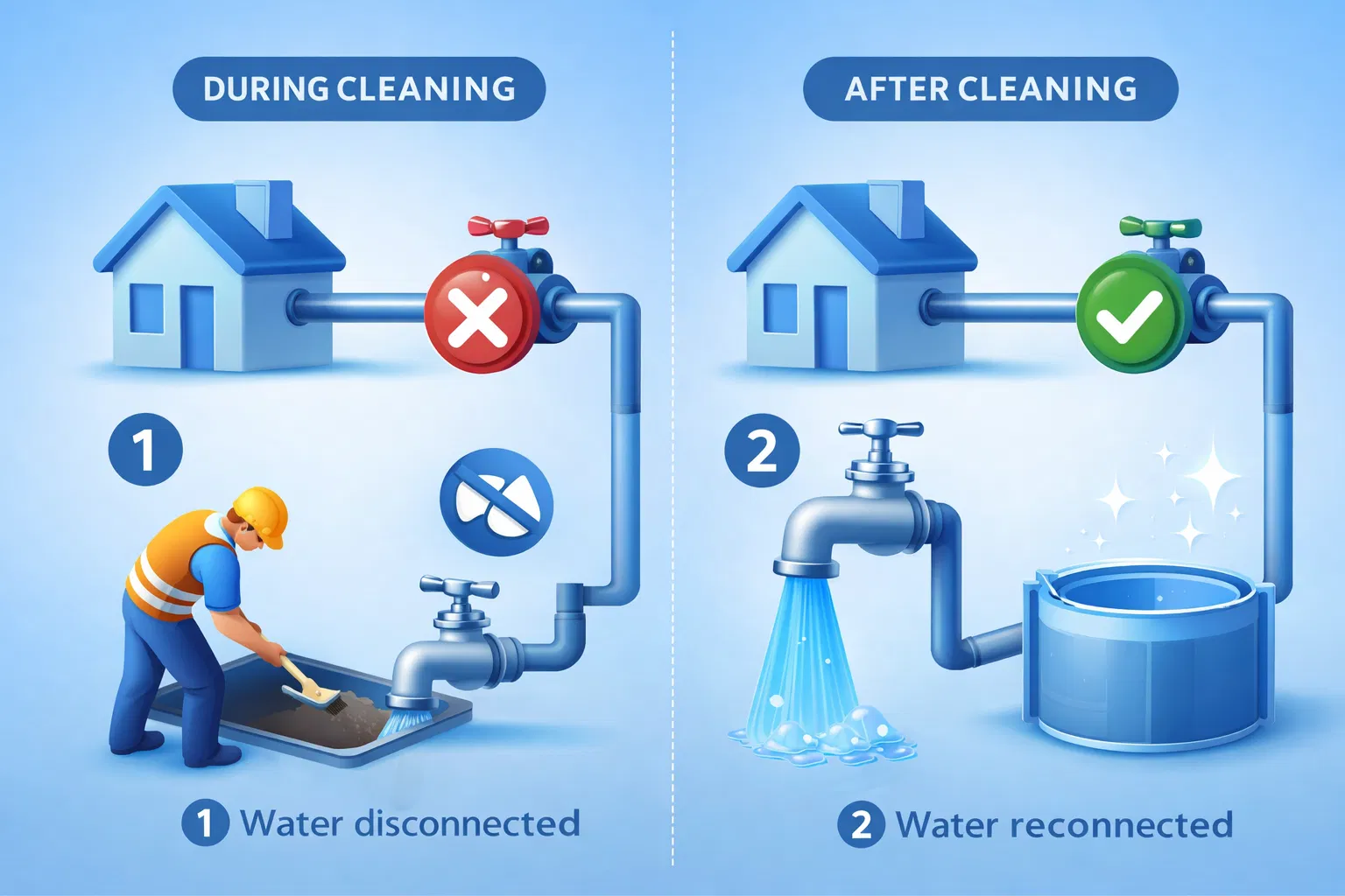 هل تنظيف الخزان يحتاج فصل الماء عن البيت؟أثناء وبعد التنظيف؟