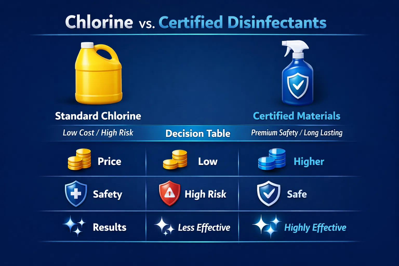 تعقيم الخزان بالكلور vs مواد معتمدة: مقارنة (سعر/أمان/نتيجة)